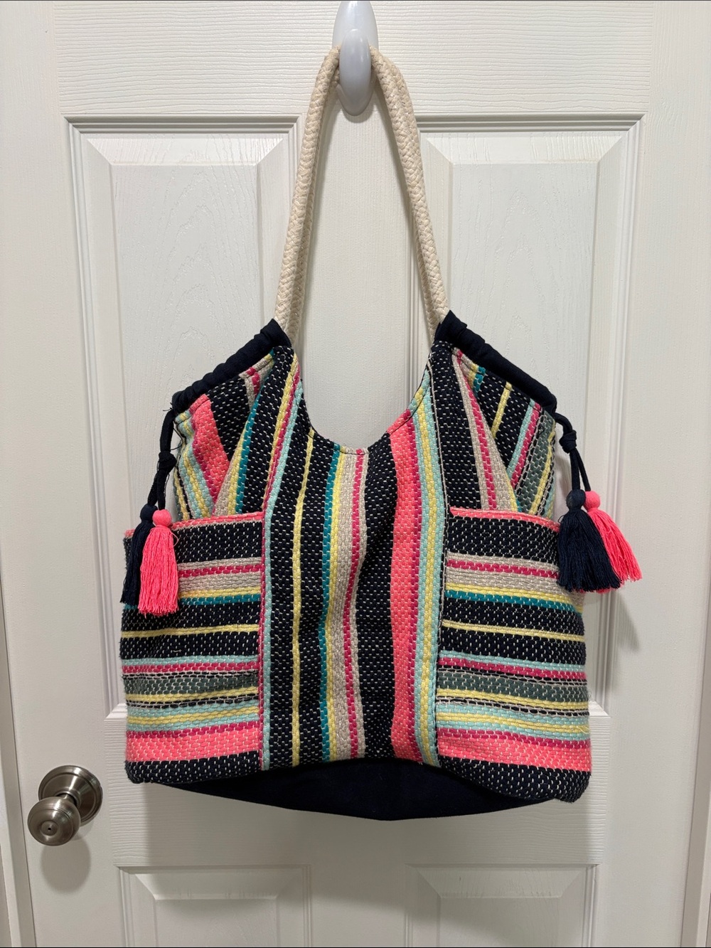 Made in India Striped Multicolor Tote/Beach Bag with Tassels